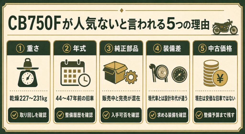 CB750Fが人気ないと言われる5つの理由・実際の影響・購入前確認点を一枚で整理する判断図