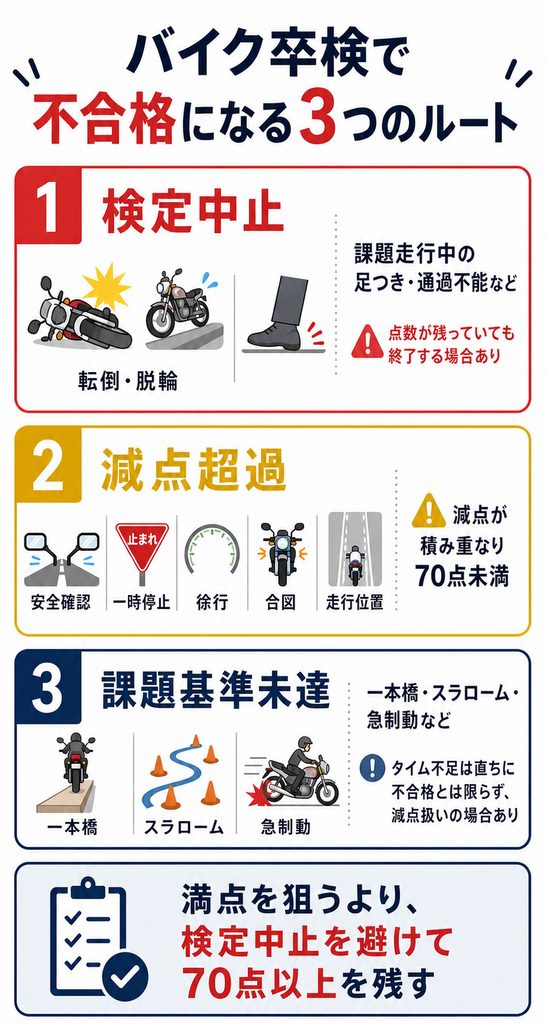 「検定中止」「減点超過」「課題基準未達」の3ルートを整理した本文補助図