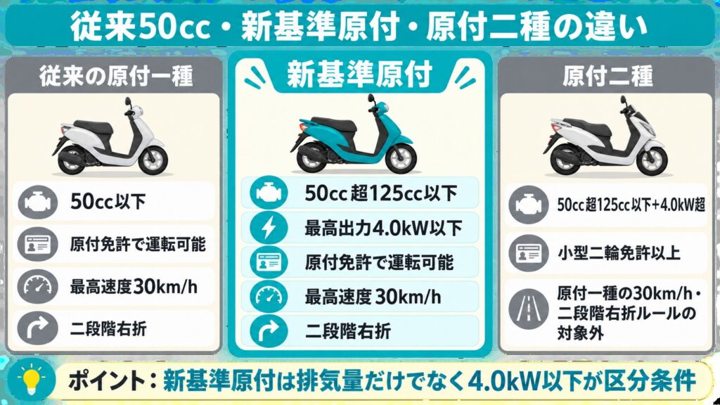 50cc、新基準原付、原付二種の違い