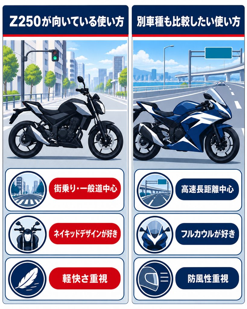 Z250が向いている使い方と別車種も比較したい使い方 比較図