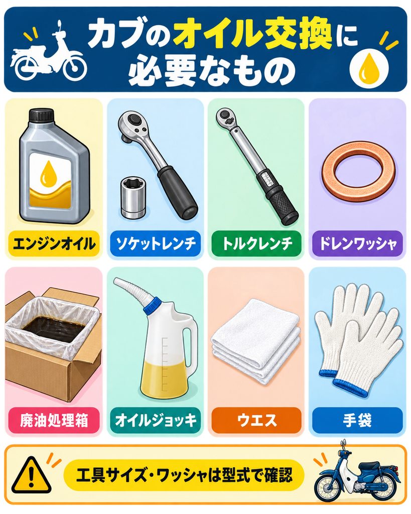 カブのオイル交換に必要な物の図