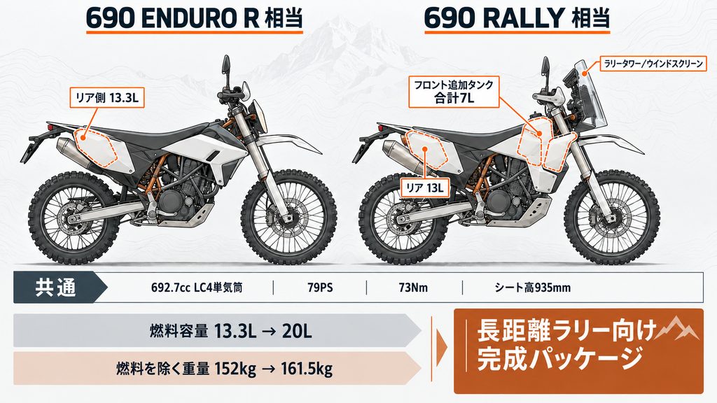 KTM 690 ENDURO Rと690 RALLYの比較図