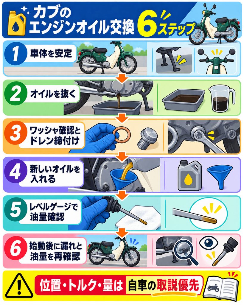 カブのエンジンオイル交換 やり方図